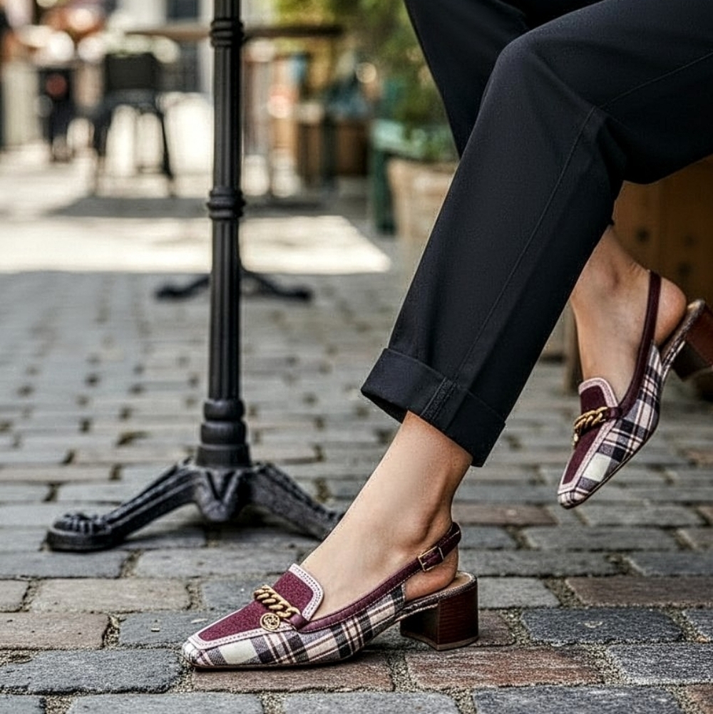 Tory Burch Plaid Slingback Heels with Chain Detail